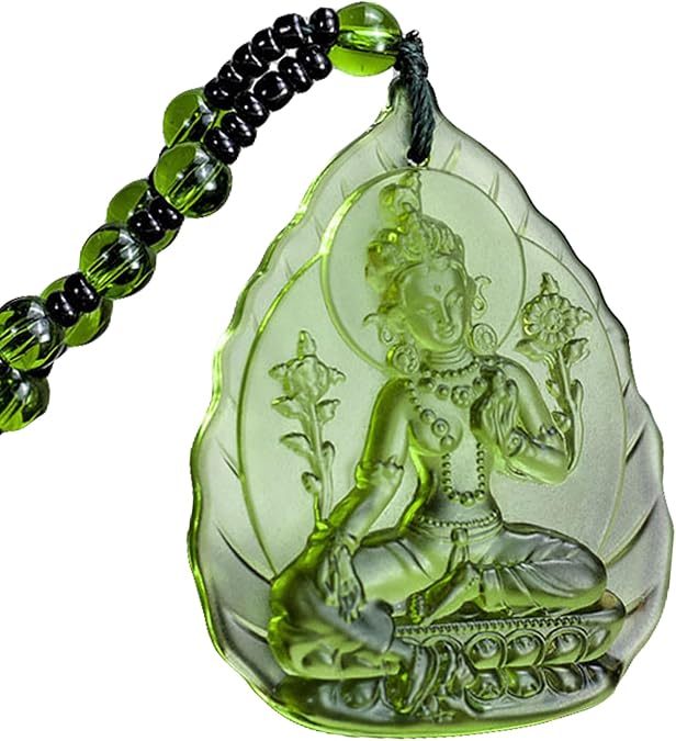 Crystal Quan Yin Goddess of Compassion Mercy Pendant Necklace Green Guan Yin Chinese Feng Shui Amulet Kwan Yin Avalokitesvara for Health Wealth