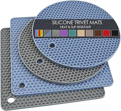 Trivets for Hot Dishes, 4 Pack Silicone Hot Pads Pot Holders for Kitchen, Non-Slip Heat Resistant Silicone Mat for Countertops, Spoon Rest, Multipurpose Food Grade Thick TrivetGray& Blue