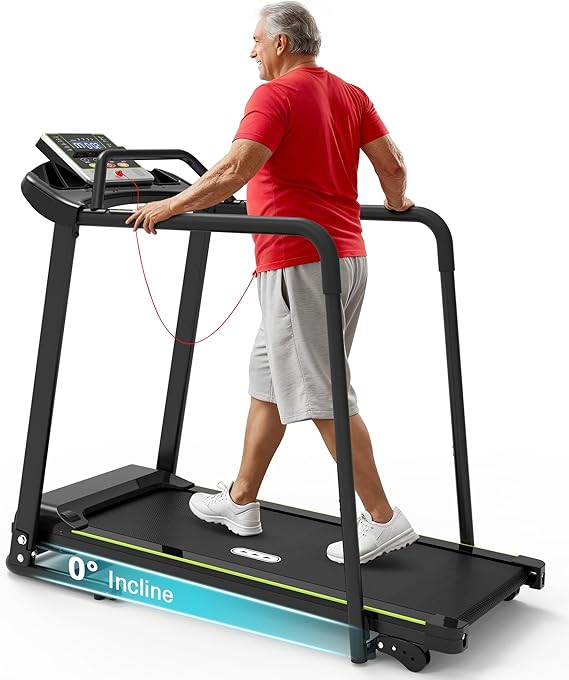 Redliro Walking Treadmill for Seniors with Long Handrails - 0.3 MPH Slow Start, 300 lb Capacity Recovery Foldable Treadmill for Home, 02% Incline Fully Flat, Auto Lubrication