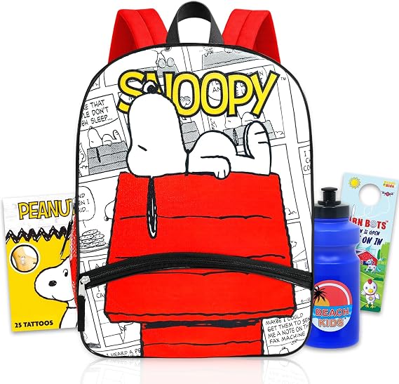 Peanuts Snoopy Backpack for Kids School Bundle w/ 16in Bookbag + More | Large Durable Snoopy School Bag w/ Front Zip Pocket Plus Water Bottle, Tattoos, More - Peanuts School Supplies