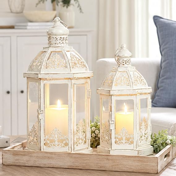 Lanterns Decorative Outdoor&Indoor, Set of 2 (14"&10") Beige Metal Lantern Decor with Glass, Candle Holder for Porch, Patio, Garden, Balcony, Wedding, Christmas, Table Centerpiece