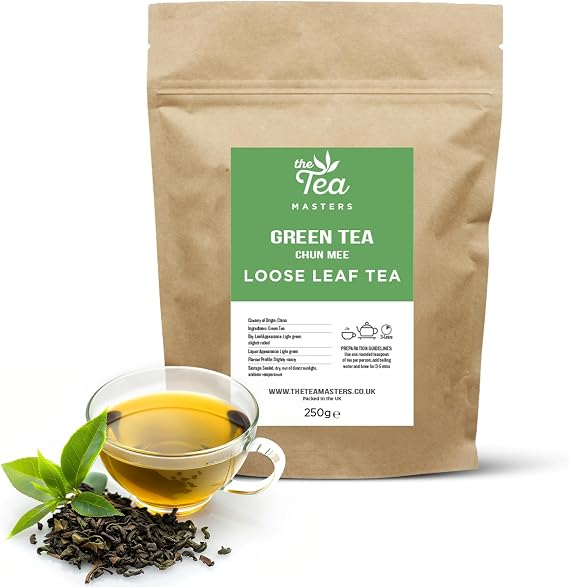 The Tea Masters Loose Leaf Tea - 250g Premium Chun Mee Chinese Green Leaves - 100% Richly Flavoured, Perfect as Breakfast Drink or Every Teatime