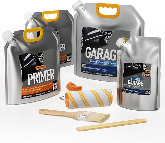 DWIL High Gloss Concrete Floor Paint - Water-based Epoxy Coating for Home, Low Odor for 1 Car Garage, Base & Basement, Light Gray