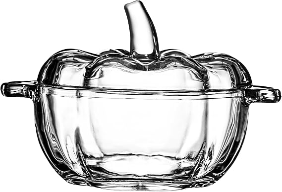 Small Glass Candy Dish with Lid - 16.7 oz Soup Bowls with Handle - Pumpkin Bowl for Holiday Party - Microwave Dishwasher Safe
