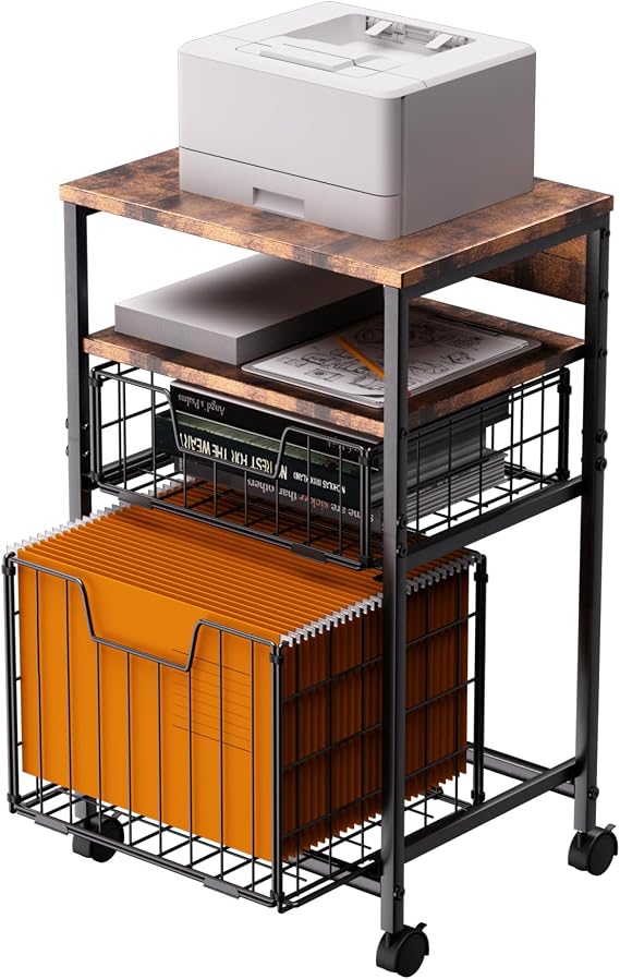 4-Tier Rolling File Cart | 2-Drawer Mobile Filing Cabinet & Printer Stand with Hanging Organizer - Dark Brown