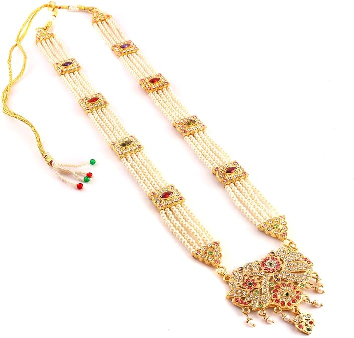 Jewar Indian Pearl Necklace Long Set Gold Plated Traditional Ad Cz Designer Handmade Bridal Fashion Jewelry For Women