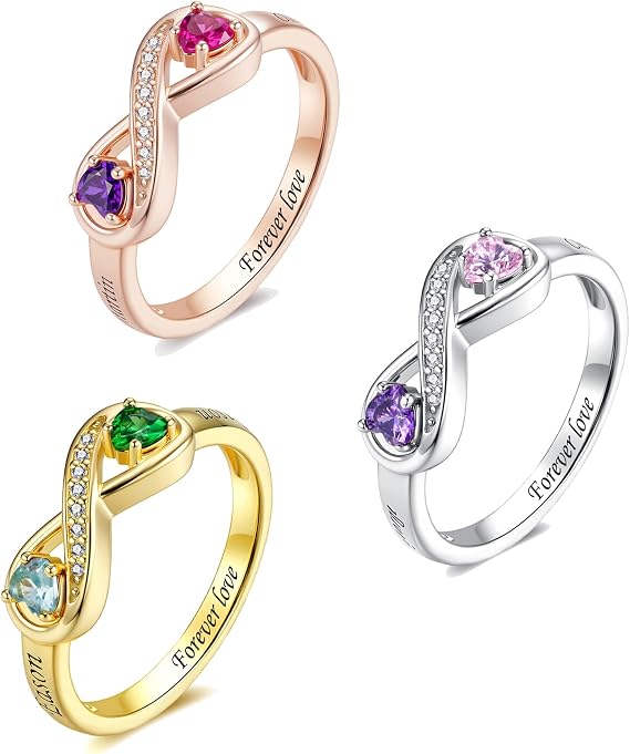 Personalised Infinity Ring Double Heart Birthstones Ring with Engraved Names Valentine's Day Anniversary Birthday Wedding Party Gift for Wife Girlfriend Partner