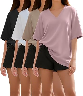 4 Pack Oversized TShirts for Women, Short Sleeve Drop shoulders Plus Size Baggy Dry Fit T Shirts Tops Tees