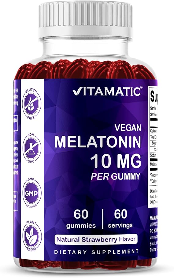Vitamatic Melatonin 10 mg Gummies, Vegan, Strawberry, 60 Count | Promotes Relaxation & Sleep Health Support*, Vegan & Plant Based, Gluten Free, Non-GMO