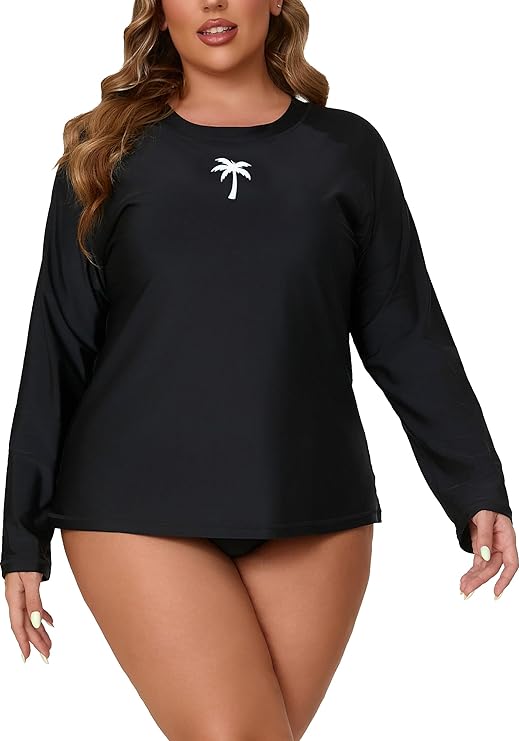 Halcurt Womens Plus Size Long Sleeve Rash Guard with Built in Bra Swim Top | Sewn-in Bra, Loose Fit, UPF 50+, Top Only, Raglan Sleeve, Sun Protection, For Swimming and Surfing