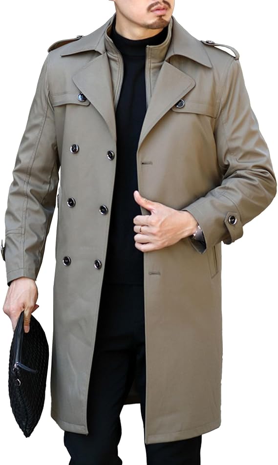 Mens Liner Detachable Casual Trench Zipper Turn Down Collar Overcoat Slim Fit Double Breasted Length Jacket