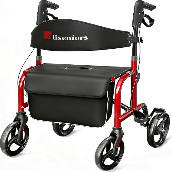 Aliseniors Bariatric Rollator Walker 500lbs, Wide Seat, 8" Wheels, Red | Heavy Duty 500lbs, Foldable with Backrest, Height Adjustable 4'7"-6'5", 3-Mode Brake, Storage Bag, for Seniors & Recovery
