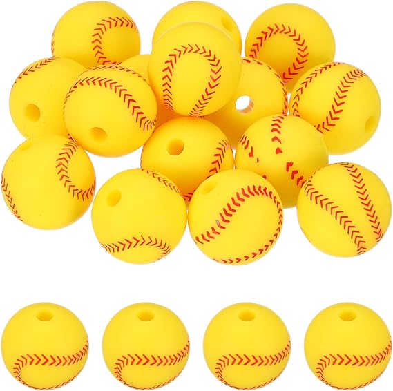 uxcell シリコンスポーツビーズ、12mm野球スペーサールーズビーズ、ボール型ビーズビーズアクセサリーDIYブレスレットネックレスペンダント友情工芸品用15個イエロー