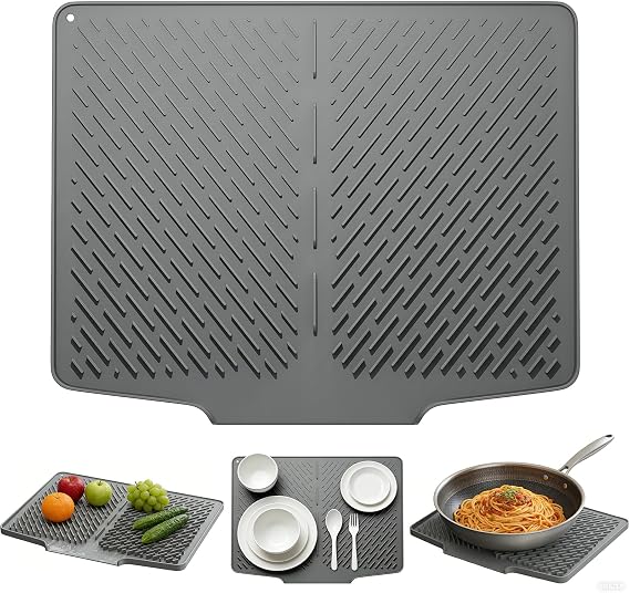 Silicone Dish Drying Mat, 40x32cm Non-Slip Heat Resistant Sink Drying Mat with Drainage Grooves for Kitchen Countertops and Sinks, Folding Dish Rack
