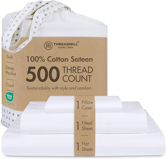 Threadmill 500 Thread Count Cotton Twin Sheet Set, Damask Stripe, White