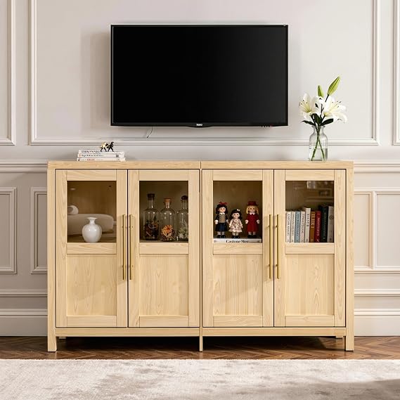 55" Sideboard Cabinet with Glass Doors, Large Buffet Cabinet with Storage and Shelves, Modern Accent Console Table for Dining Room Living Room Entryway