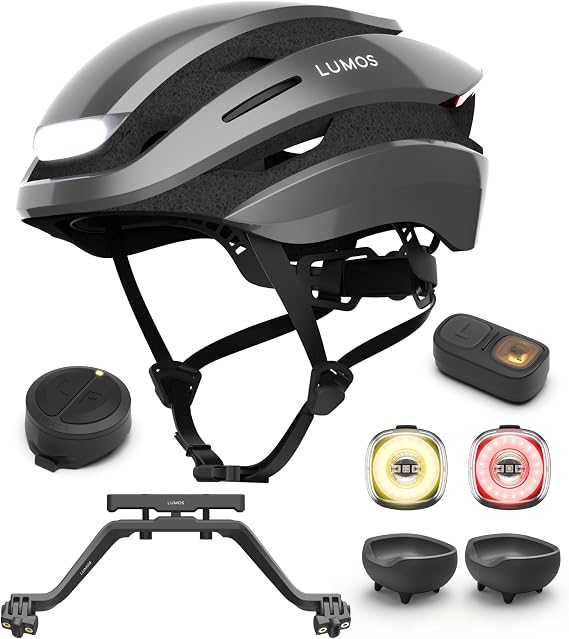 Lumos Ultra Helmet (Ash Grey,Non-MIPS,Size M-L) & Firefly Bike Light -2 Pack & Charging Cradle -2 Pack & Remote & Turn Signal Mount