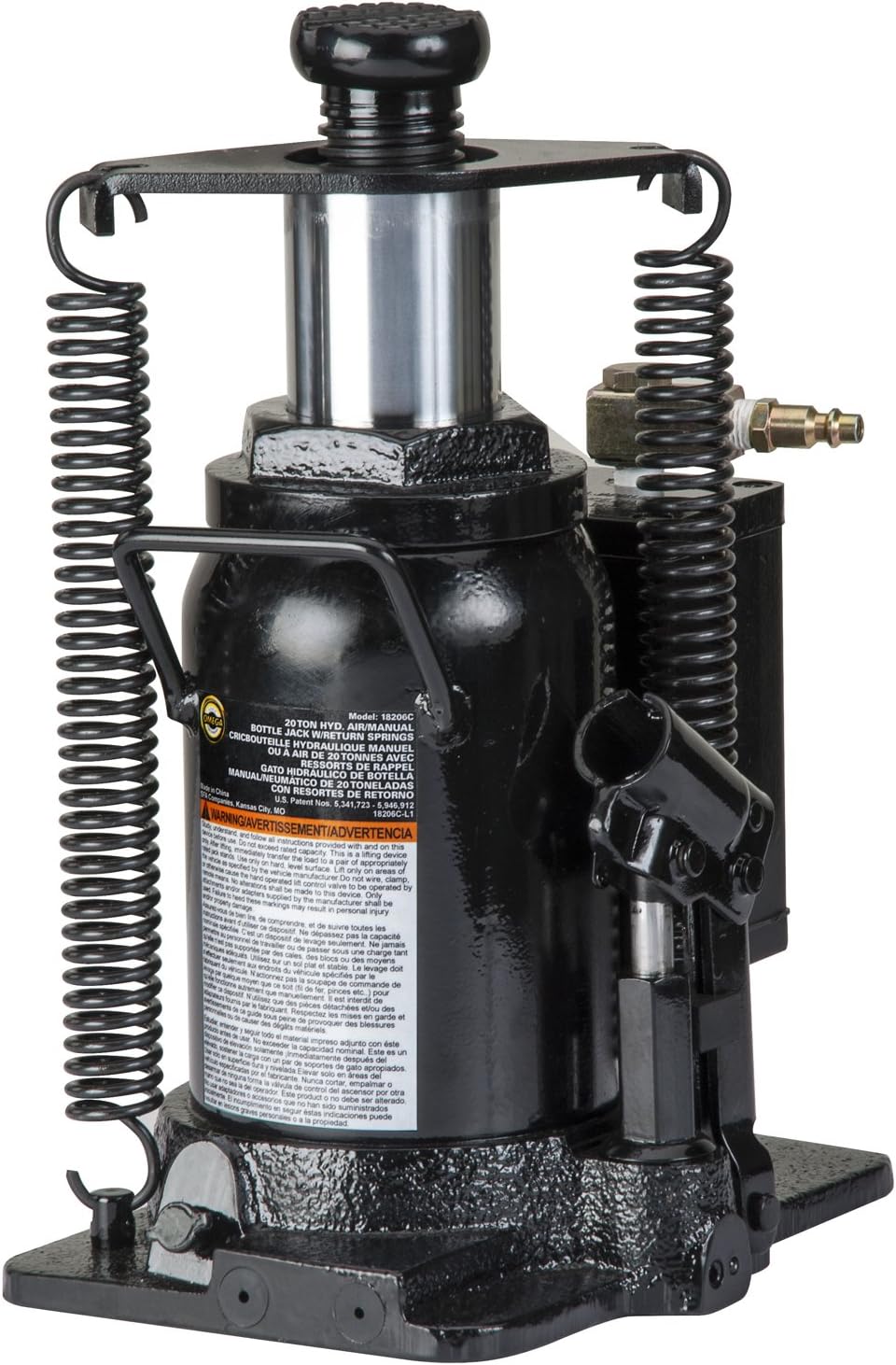 Omega 18206C Black Hydraulic Bottle Jack with Return Springs - 20 Ton Capacity