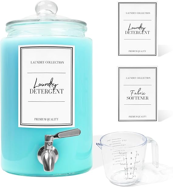Large 1 Gallon Laundry Liquid Detergent Dispenser with Spigots and Measuring Cups, 4L Laundry Soap Holder Organizer for Fabric Softener, Soap, Glass Containers for Room Organization Storage (1 Pack)
