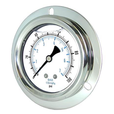 PIC Gauges 204L-204E Front Flanged Panel Mount Glycerine Filled Pressure Gauge w/ SS Case/Bezel, Brass Internals, PC Lens, 2" Dial, 0/100 psi Range, 1/4" Male NPT