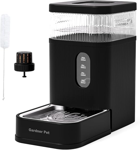 Gardner Pet 8.5L Automatic Dog Water Dispenser, Black | Stainless Steel Bowl, Gravity Cat Water Dispenser with Filter, BPA-Free Dog Water Bowls, Stable and Spill-Resistant