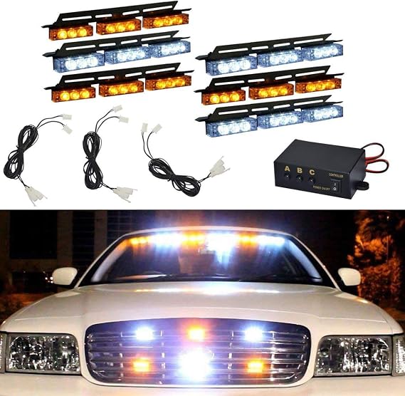 54-LED White/Amber Emergency Warning Flash Strobe Lights Bar 6 Panels Windshield Deck Grille Strobe Flashing Lights Bars Car Truck Boat Emergency Van Flashing Light Lamp