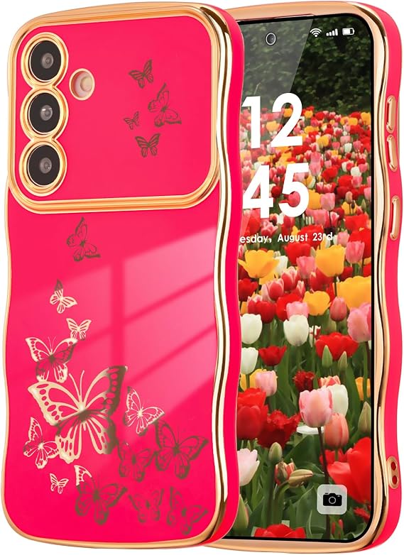 ZTOFERA for Samsung Galaxy A14 4G/5G Case Cute for Girl Women, Curly Wave Frame & Luxury Plating Butterfly Pattern, Soft TPU Shockproof Raised Lens Protection Phone Case for Galaxy A14 5G, Rose Red