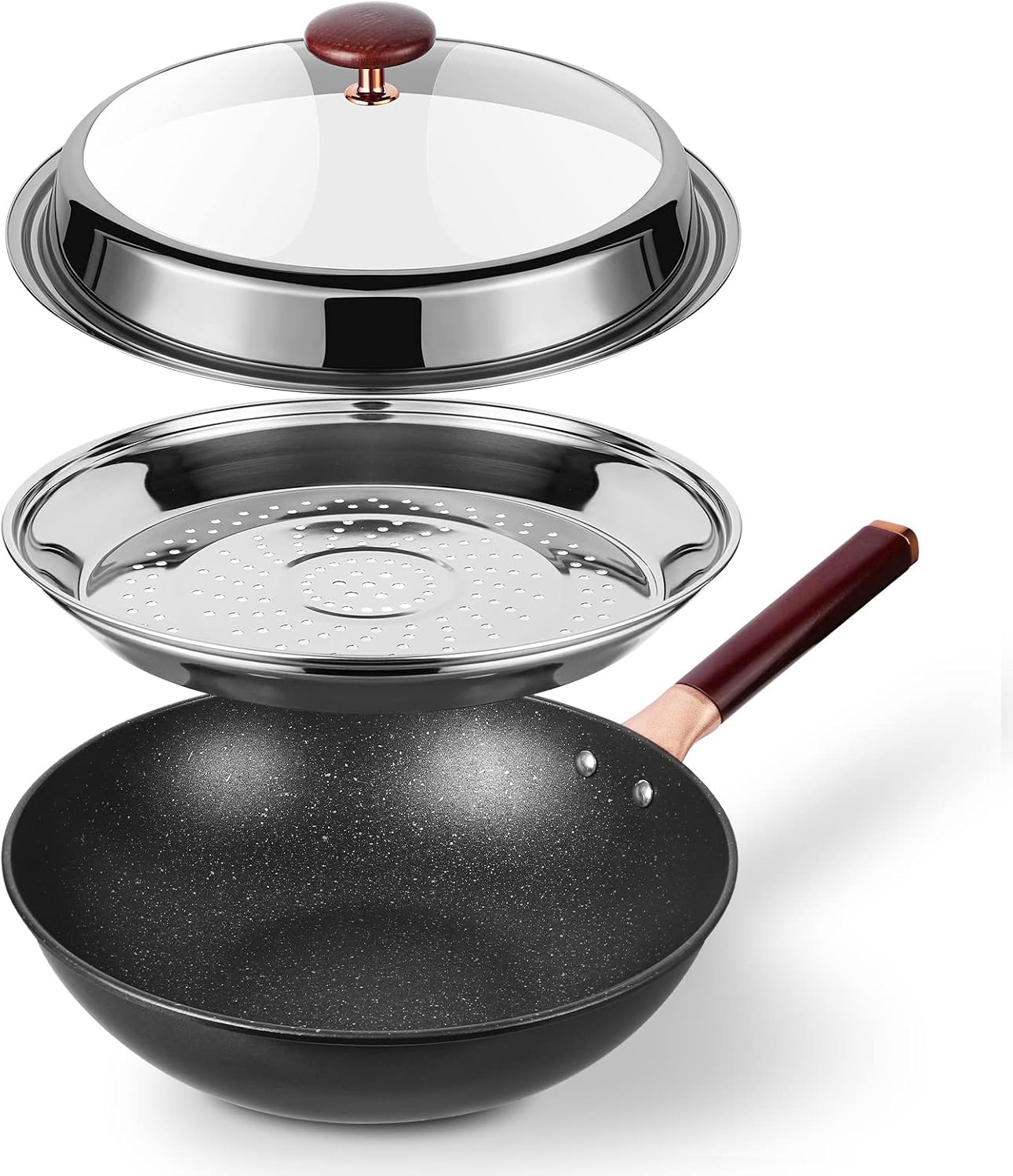 Kseroo Woks and Stir Fry Pans for Electric Stove, Nonstick Frying Pan, Wok Pan with Lid, Deep Large Induction Hard Anodized Frying Pan, Carbon Steel Wok Set Flat Bottom, Large Saute Pan Set