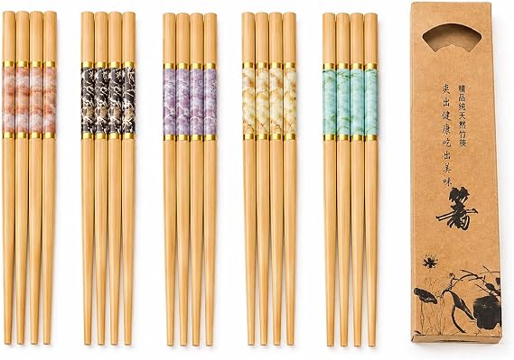 Valkyrie 10 Çift Mermer Desenli Bambu Yemek Çubuğu Seti 20 Adet Kaymaz Uçlu Kutulu Chopstick