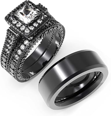 LOVERSRING Couple Ring Bridal Set His Hers Women 10k White Gold Filled AAA Cz Men Stainless Steel Wedding Ring Band Set