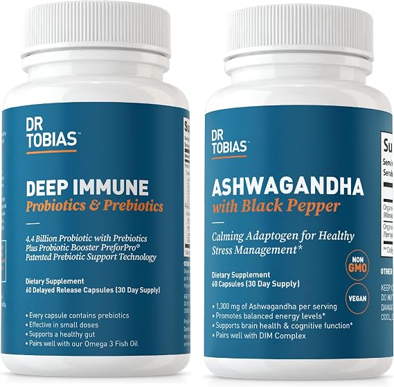 Dr. Tobias Deep Immune Probiotics & Prebiotics and Ashwagandha Capsules, Supports Digestion, Energy & Immune Health, Non-GMO