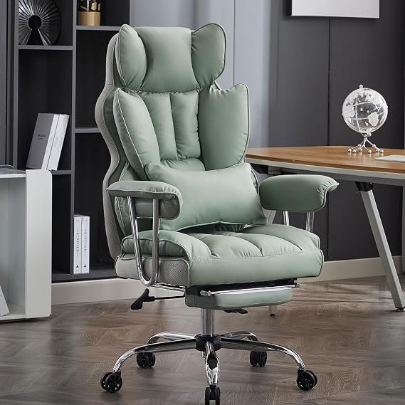 Efomao Big and Tall Office Chair 400lbs - Executive Office Chairs with Footrest, Heavy-Duty PU Leather Computer Chair for Heavy People, Light Green Home Office Desk Chairs | 400lbs support, 135 recline, dual-layer foam cushion, 23.5" seat & footrest. BIFMA