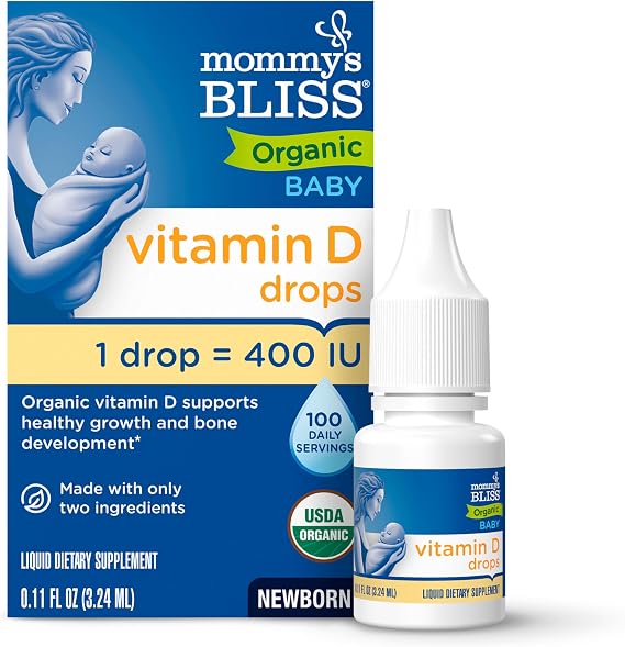Mommy's Bliss Organic Baby Vitamin D Drops, No Artificial Color, 0.11 Fl Oz | Vitamin D3 that promotes healthy growth and bone development in newborns and up; 100 servings per pack