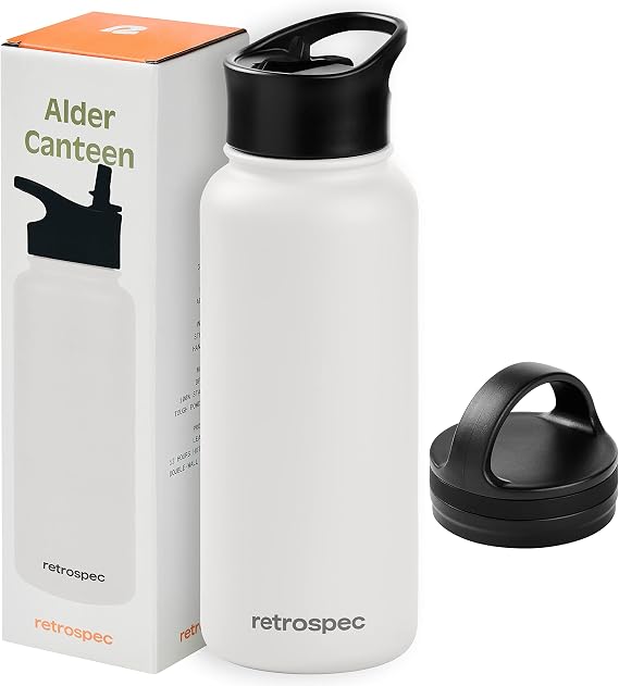 Retrospec Alder Insulated Water Bottle with Straw Lid & Handle Cap - Stainless Steel Wide Mouth Double-Wall Vacuum Insulated Thermos - BPA Free Leakproof Canteen