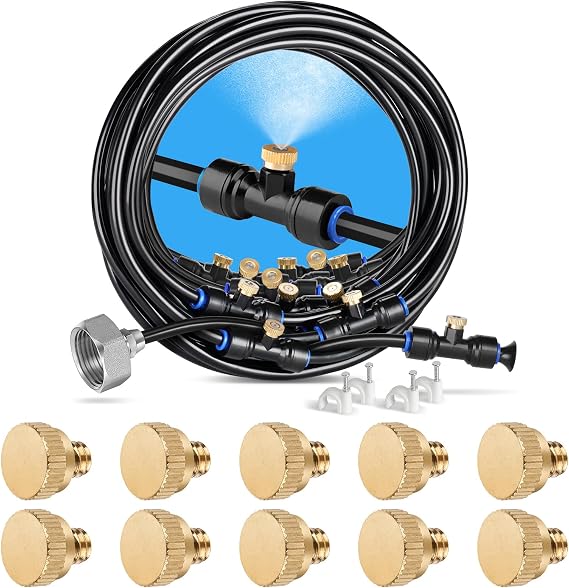 Misting Cooling System, 75FT (23M) Misting Line + 28 Brass Mist Nozzles + a Brass Adapter(3/4") + 10PCS Brass Misting Nozzle Plug for Outdoor Mister for Patio