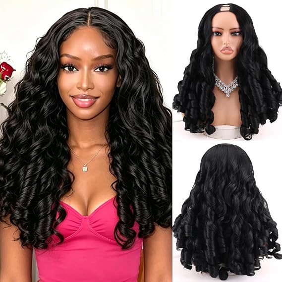 V Part Curly Wig Yaki Bouncy Curl Glueless Synthetic Half Wig 22 Inch Natural Black Beginner Friendly U Part Clip in Spiral Bouncy Curls Heat Resistant Wig for Black Women