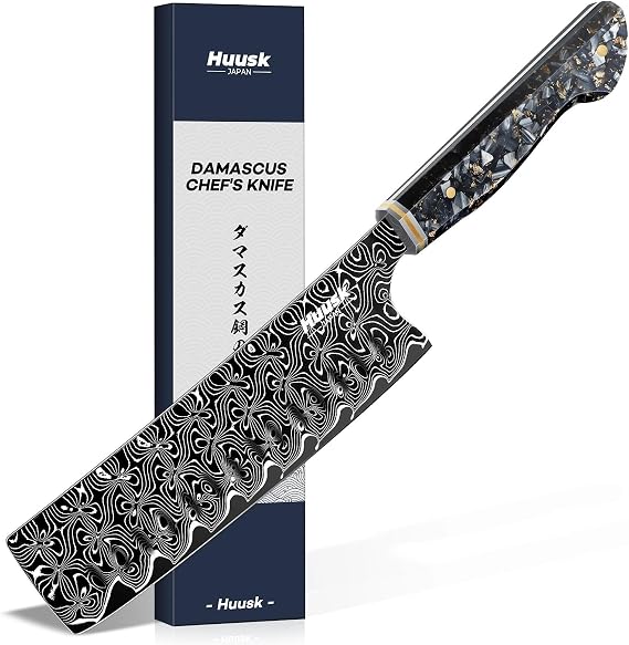 Huusk Damascus Nakiri Knife 7 Inch, Japanese Kitchen Chef Knives