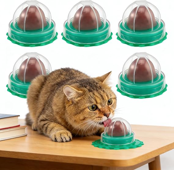 9Pcs Catnip Candy Toys Ball, Wall Lickable Sugar Balls Lollipop Candy Edible Cat Energy Balls Kitten Toy with Cover for Hygiene