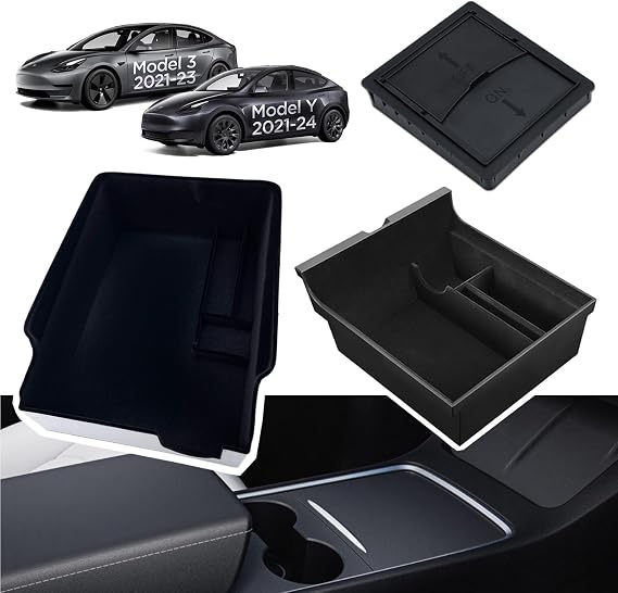 [3 Pack]Center Console Organizer Tray for Tesla Model 3 2021-2023 Model Y 2021-2024,Flocked Console Storage Box Container for Tesla Model 3 Y Accessorie,Armrest Hidden Cubby Drawer for Cash,Glass
