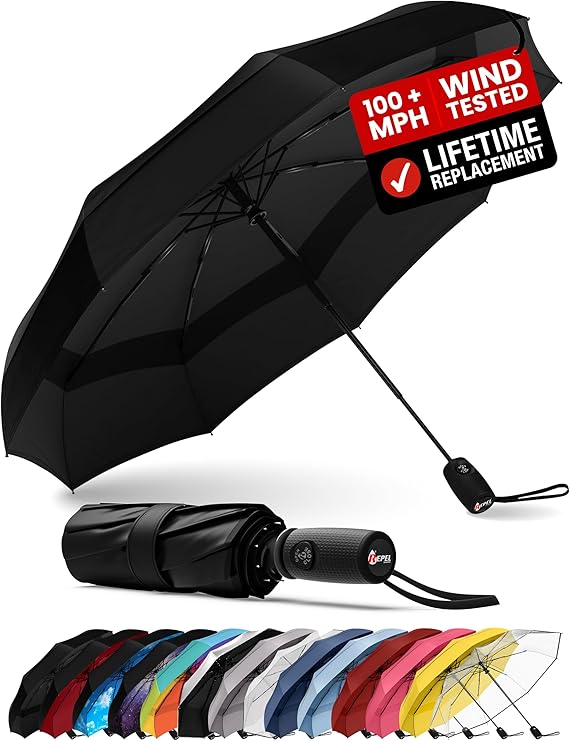 Repel Windproof Travel Umbrella - Compact & Withstands Winds up to 100MPH, Strongest Premium Auto Folding Umbrella for Rain and Sun - Durable, Light & Portable for Women & Men, Fits Backpack & Cars