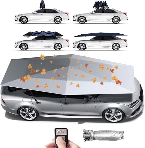 Automatic Car Tent Movable Carport,4.2/4.8/5.2m Folding Portable Car Protection Auto Umbrella-Remote Control Open/Close,Windproof,Anti-Theft,Removable Battery,Grey4.2mwithoutStand