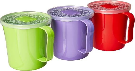 3 Pack - Soup Mug with Handle and Vented Lid 37 Ounce | Plastic Microwaveable Oatmeal Cereal Cup with Cover | Microwave Safe Lidded Bowl