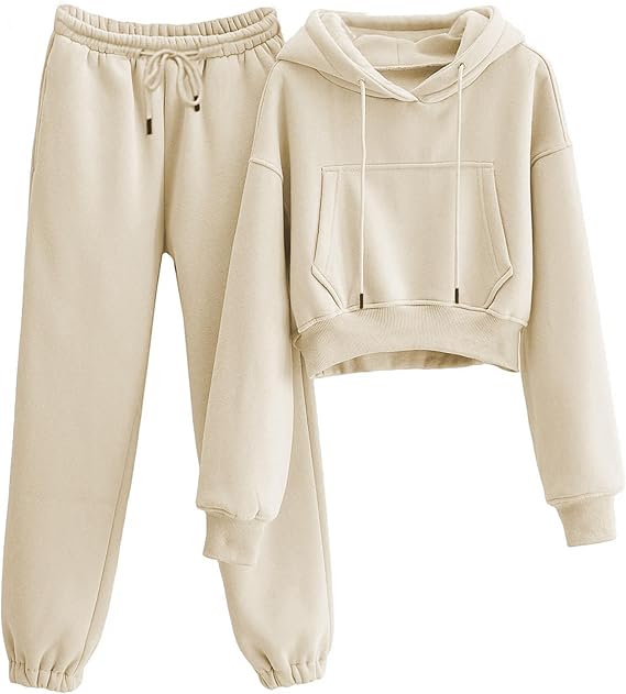 Womens Fleece Lined Sweatsuit Crop Hoodie Jogger Sweatpant Sweat Set | Cozy Hooded Pullover, Kangaroo Pockets, Elastic High Waist Jogger with Drawstring, Cotton Blend Matching 2 Piece Sweat Suits