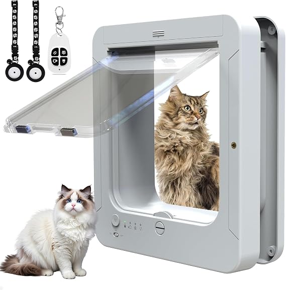 Microchip Cat Flap 11.5" x 10", Automatic Pet Door with 2 RFID Collar Sensors - 4-Way Locking, Remote Control & Weatherproof