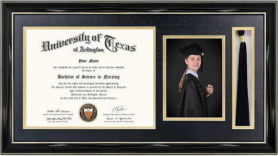 GraduationMall 11x22 Black Diploma Frame with Tassel Holder and Picture for 8.5x11 Certificate 5x7 Photo,Tempered Glass,Black over Gold Mat