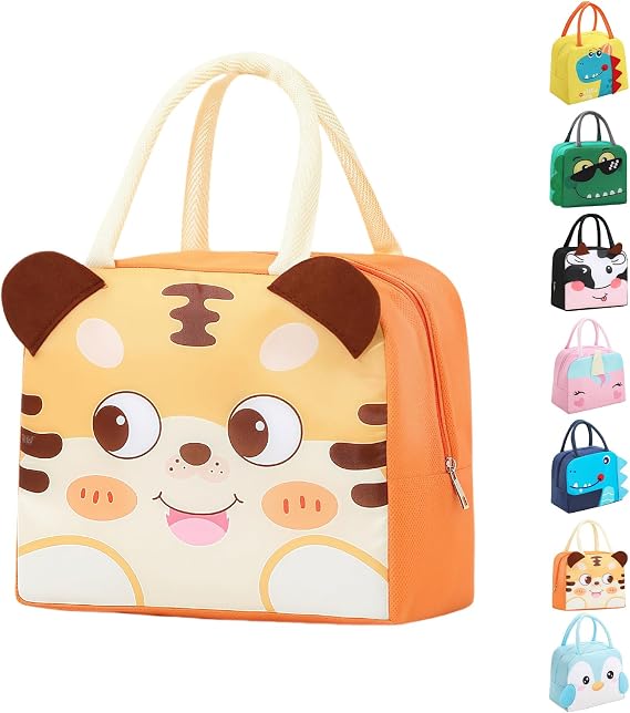 Cute Lunch Bag for School Picnic, Reusable Lunchtasche 3D Cartoon Insulated Lunch Bags Students Portability Meal Prep Tasche Waterproof Lunchbag for Lunch Box, Water Bottle, Snacks (Tiger)