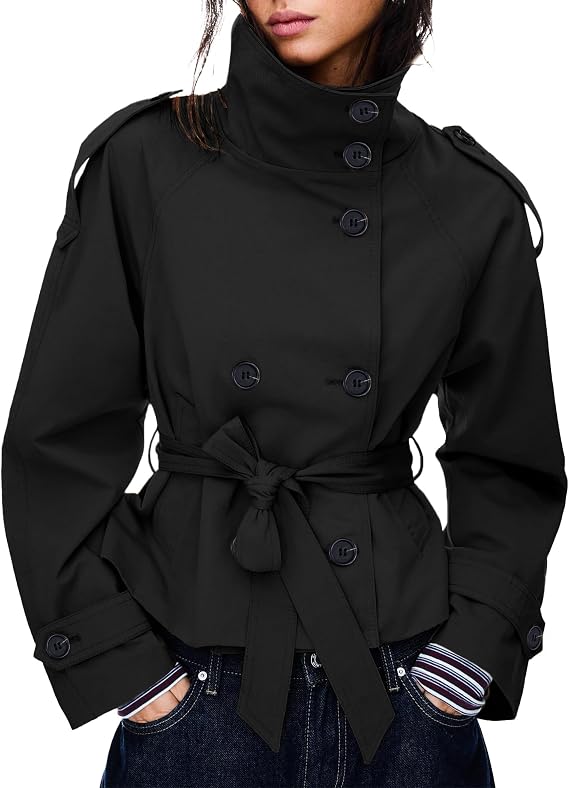 Women's Cropped Trench Coat Double Breasted Short Jacket High Collar Fall Winter Coats Trendy Outfit with Belt