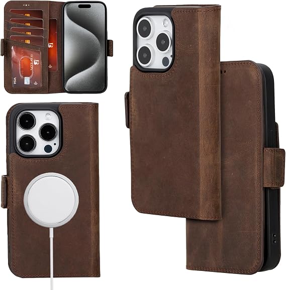 Bayelon Leather Wallet Cas for iPhone 15 Pro - Flip Cover Card Holder, iPhone 15 Pro Wallet Case, Folio Case, Kickstand, MagSafe Compatible Wallet RFID Blocking (Dark Brown)