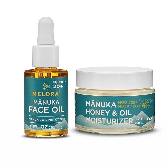 MELORA Manuka Honey Moisturizing Face Cream and Face Oil Bundle, Skin Care with Manuka Honey & Oil for Dry, Very Dry, Sensitive, or Aging Skin - 1.7 oz Cream & 1 oz Serum