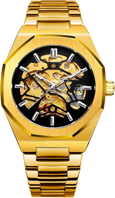 Skeleton Mechanical Watch for Men Automatic Self-Winding Open Heart Design, Octagonal Case, Stainless Steel Band Premium Skeleton Watch for Casual & Formal Wear